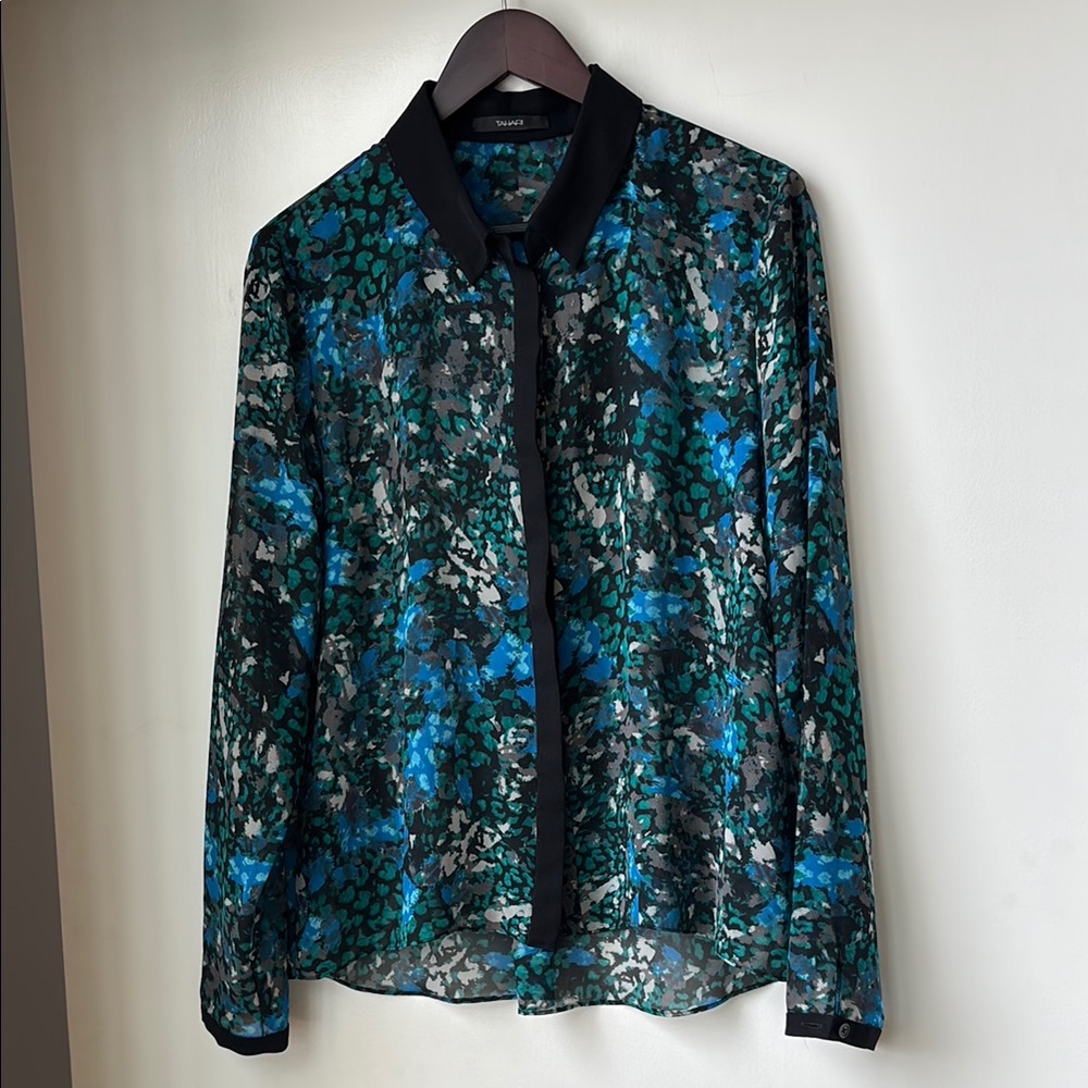Tahari Blouse – Size Large – Sheer Blue & Green Floral Print with Black Trim